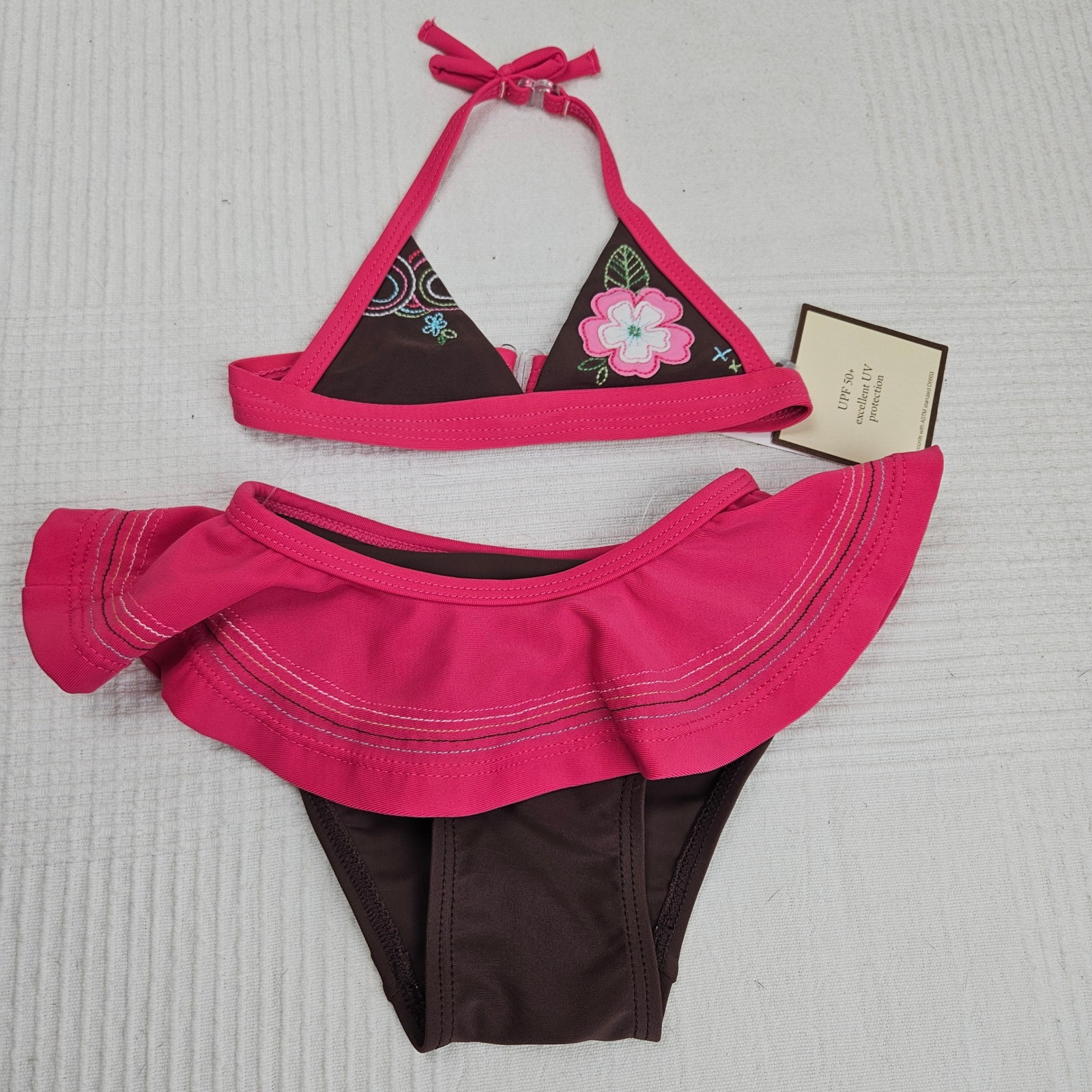 New Baby Gap Embroidered Bikini 3-6 Mo Pink Brown Applique Floral Swimsuit Nwt